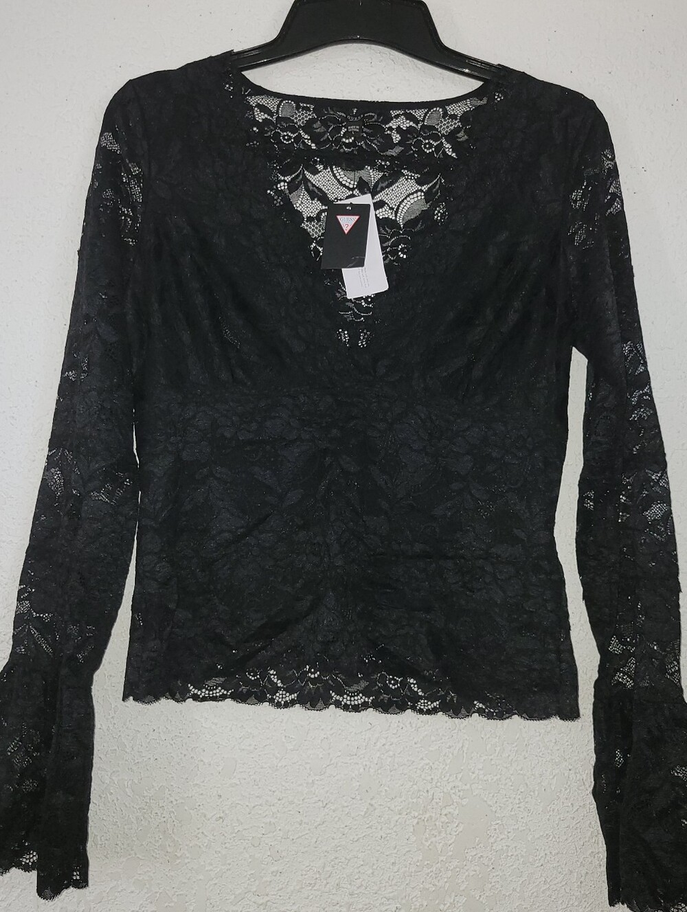 Guess Black Lace V-Neck Long Bell Sleeve Top